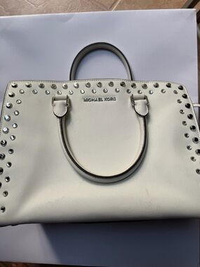 Michael Kors White Studded Saffiano Satchel with Silver Hardware